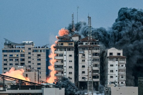 October 7, 2023: a ball of fire and smoke after an Israeli air strike hits the Palestine Tower in Gaza City