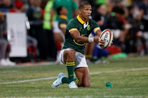 South Africa fly-half Manie Libbok prepares to kick at goal. 