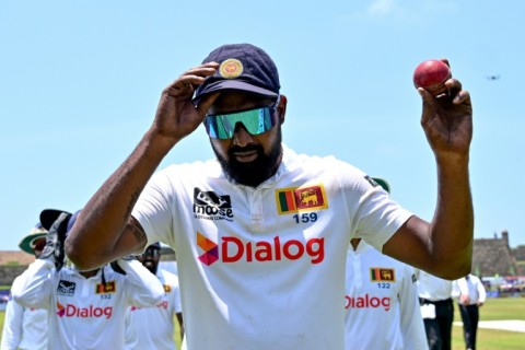 Sri Lanka's Prabath Jayasuriya celebrates his six wickets as New Zealand were 88 all out in Galle