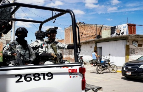 National Guard members patrol outside a rehabilitation centre where gunmen killed four people in Mexico's Guanajuato state