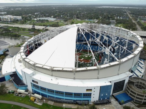 A drone image shows the dome of Tropicana Field, torn open by Hurricane Milton in St. Petersburg, Florida, on October 10, 2024