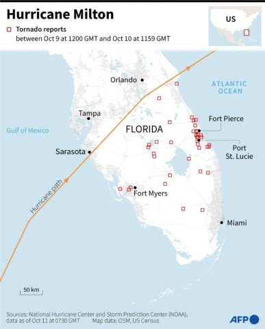 Map showing tornado reports between Oct 9 at 1200 GMT and Oct 10 at 1159 GMT, according to the US Storm Prediction Center, and Hurricane Milton's path, according to the National Hurricane Center