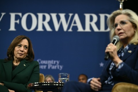 US Vice President and Democratic presidential candidate Kamala Harris (L) holds a moderated conversation with Former US Rep. Liz Cheney, Republican of Wyoming, at People's Light performing arts theater Malvern, Pennsylvania, on October 21, 2024