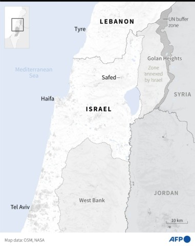 Map showing northern Israel, southern Lebanon and the Golan Heights