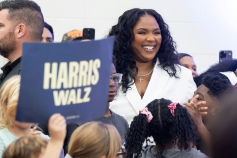 US singer Lizzo attends a get-out-the-vote rally with Vice President Kamala Harris in Detroit, Michigan