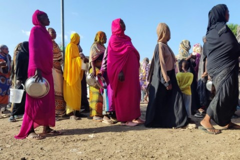 Displaced Sudanese queue for food aid in Gedaref -- three major aid organisations have warned of a 'historic' hunger crisis