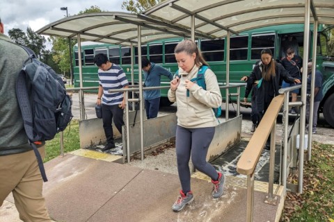 Visitors to Mammoth Cave in Kentucky walk over disinfectant mats after their tour of the cavern to mitigate spread of the bat disease white-nose syndrome