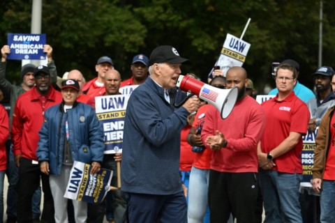 Joe Biden, pictured on a picket line in Michigan in September 2023, risks losing the support of the state's large Arab-American community