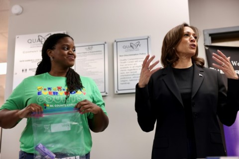 Kamala Harris (R), seen here at a Charlotte health clinic preparing aid for victims of Hurricane Helene, sees North Carolina as a winnable prize, pouring huge resources into the battleground state ahead of the November 5, 2024 presidential election