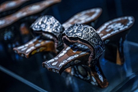 Intricately decorated wooden clogs at the Zeyrek Cinili Hammam's  museum 