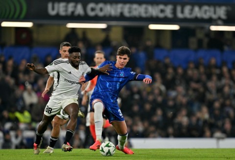 Chelsea midfielder  Cesare Casadei (R) battles for the ball in the UEFA Conference League