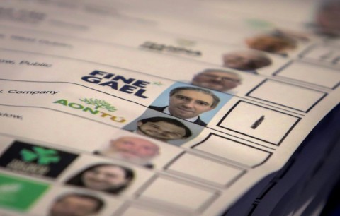 A ballot paper, marked for Ireland's Prime Minister and Fine Gael leader, Simon Harris, is pictured as papers 