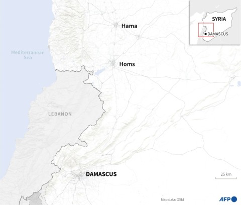 Map of southwest Syria locating the cities of Damascus, Homs and Hama