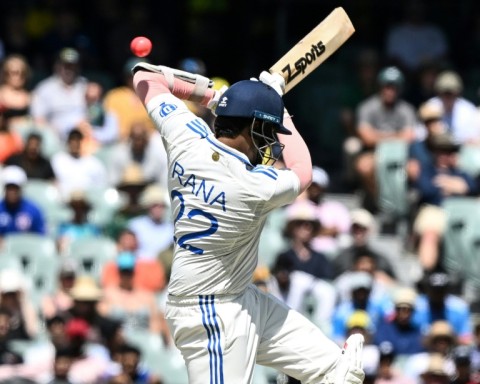 India's Harshit Rana avoids a short ball from Australian captain Pat Cummins