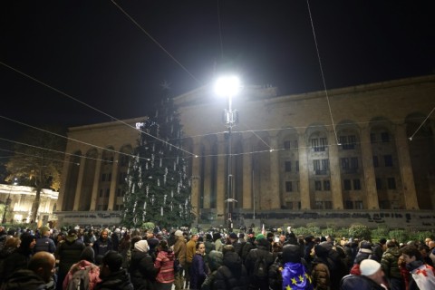 A giant Christmas tree has been erected outside parliament -- the main protest venue