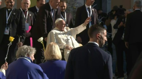 Pope leaves Ajaccio Cathedral after the Angelus prayer