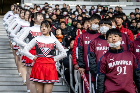 Kyoto Tachibana supporters and cheerleaders during a match against Tokyo's Teikyo on opening day of the 103rd national high school tournament at the national stadium in Tokyo on Saturday