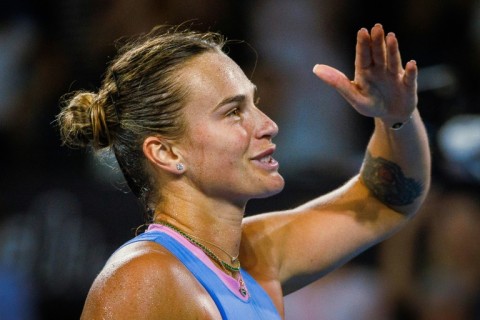 Aryna Sabalenka celebrates winning her quarter-final against Czech Republic's Marie Bouzkova 