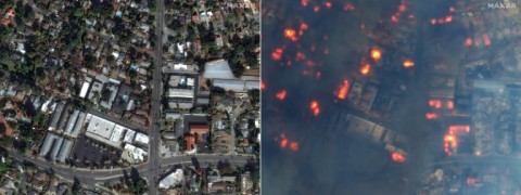 This combination of Maxar Technologies satellite images shows homes and buildings on East Altadena Drive in Altadena, California, on January 6, 2025 (L) and a color infrared satellite image of homes and buildings burning on East Altadena Drive 