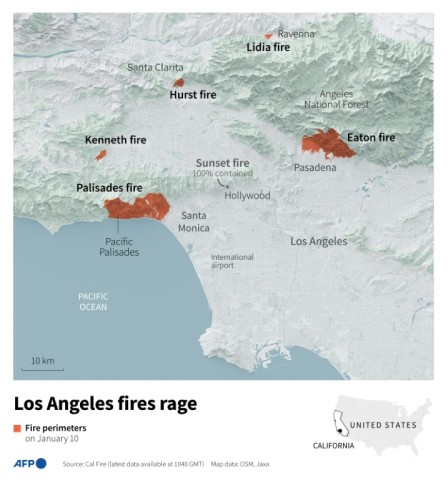 Fire perimeters in the Los Angeles area on January 10, 2024 from latest data available retrieved at 1040 GMT 