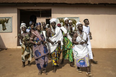 Dancing outside the palace of King Kpodegbe Lanmanfan Toyi Djigla during three days of celebrations in which women play a central role