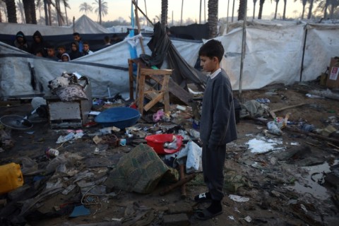 A destroyed tent shelter at a makeshift displacement camp in Deir el-Balah in the central Gaza Strip