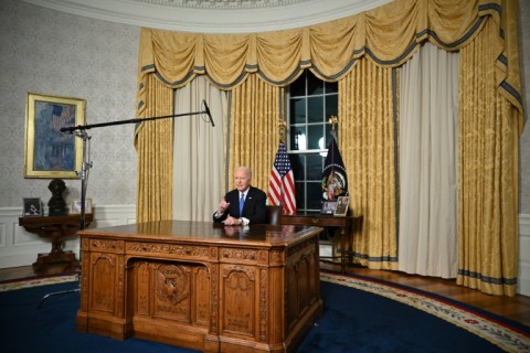 US President Joe Biden delivers his farewell address to the nation from the Oval Office of the White House in Washington, DC, on January 15, 2025.