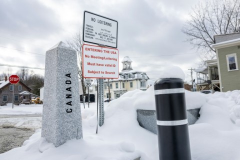 A border post marks the boundary between Derby Line in the US state of Vermont and its twin town of Stanstead in the Canadian province of Quebec