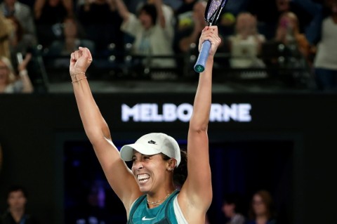 Madison Keys celebrates beating Aryna Sabalenka in the Austraian Open final