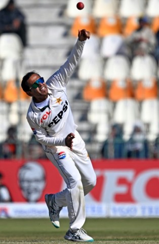 Noman Ali in action during the second Test against the West Indies in Multan