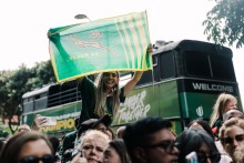 A springbok supporter hold up a flag during the Springboks Champions trophy tour in Durban, on November 4, 2023, after South Africa won the France 2023 Rugby World Cup final match against New Zealand. (Photo by RAJESH JANTILAL / AFP)