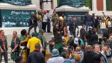 Springbok Captain lifts the Rugby World Cup in outside the city hall in Cape Town