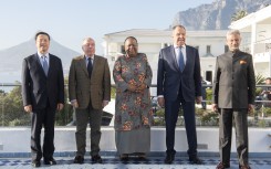 Ma ZHaoxu, deputy Minister of Foreign Affairs of China (L), Mauro Viera, Minister of Foreign Affairs of Brazil (2nd L), Naledi Pandor, South African Minister of International Relations and Cooperation (C), Sergei Lavrov, Minister of Foreign Affairs of Russia (2nd R), and Subrahmanyam Jaishanker, Minister of Foreign Affairs of India, pose for photos at the BRICS (Brazil, Russia, India, China, South Africa) Foreign Ministers Meeting on June 01, 2023, in Cape Town. RODGER BOSCH / AFP