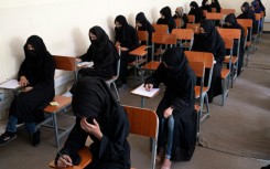 Afghan female students take entrance exams at Kabul University in Kabul in October 2022