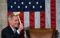 Speaker of the US House of Representatives Kevin McCarthy holds the gavel after he was elected on the 15th ballot