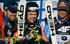 Norway's Aleksander Aamodt Kilde (L), Canada's James Crawford and France's Alexis Pinturault