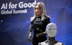 AI-enabled humanoid social robots Mika and Ameca fielded questions at the AI for Good Global Summit press conference