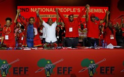 Economic Freedom Fighters (EFF) leader Julius Malema (in white) with the party's leadership.