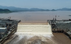 An aerial view of the Grand Ethiopian Renaissance Dam on the Blue Nile River in Guba, northwest Ethiopia.