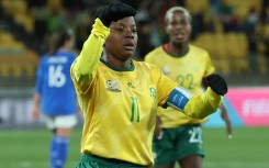 South Africa's forward #11 Thembi Kgatlana celebrates scoring her team's third goal during the Australia and New Zealand 2023 Women's World Cup Group G football match between South Africa and Italy at Wellington Stadium in Wellington on August 2, 2023.