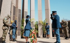 National Police Commissioner, Fannie Masemola gives a salute to officers killed on duty during the SAPS Commemoration Day in the Union Buildings in Pretoria