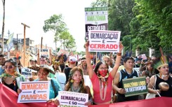 Indigenous groups, such as this one protesting over land rights in Brasilia in June 2023, are seen as vital buffers against Amazon deforestation