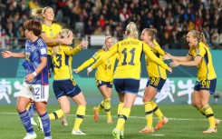 Sweden players celebrate after Amanda Ilestedt put them in front against Japan