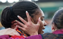 Spain's forward Salma Paralluelo celebrates with teammates 