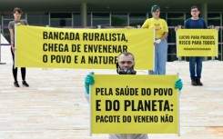 Members of an environmental group protest in front of the National Congress in Brasilia against the new pesticide law that eases the trade and use of these products, on October 4, 2023