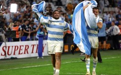 Try-scorer Joel Sclavi (L) and goalkicker Emiliano Boffelli (R) celebrate after guiding Argentina past Wales into the World Cup semi-finals