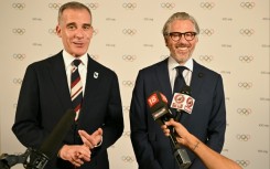 The US ambassador to India Eric Garcetti (left), with chairman of the LA 2028 Olympic Games Casey Wasserman