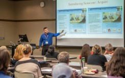 Attendees listen during the ICILDER 2023 Conference (International Conference on Indigenous Language Documentation, Education, and Revitalization) in Bloomington, Indiana, on October 13, 2023