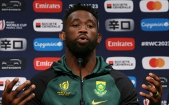 South Africa captain Siya Kolisi speaks after the team announcement for the Rugby World Cup final against New Zealand