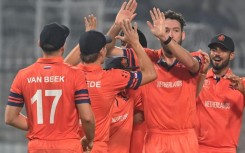 Taming the Tigers: Netherlands' Paul van Meekeren (2R) celebrates after dismissing Bangladesh's Mushfiqur Rahim in Kolkata